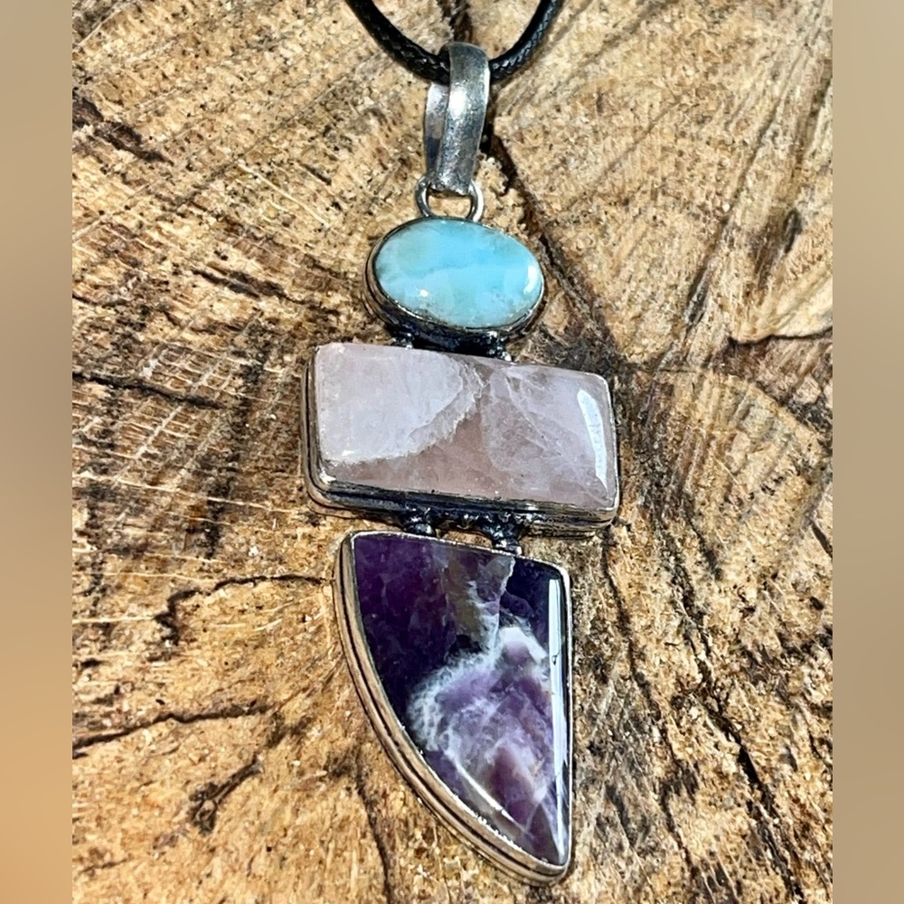 Rose Quartz, Amethyst & Larimar Crystal Pendant 3” - Picture 3 of 7